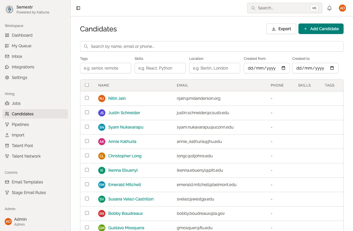 Candidates page with filter bar