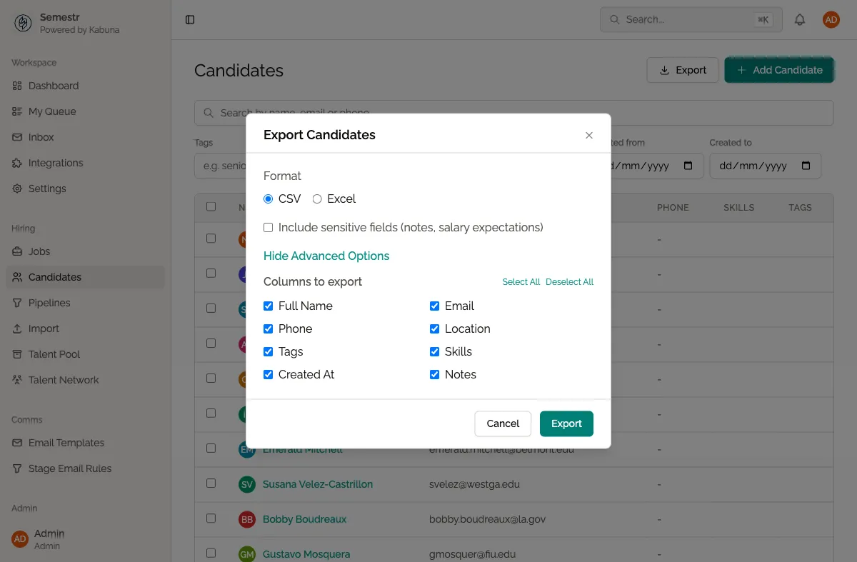 Export modal with column selector open