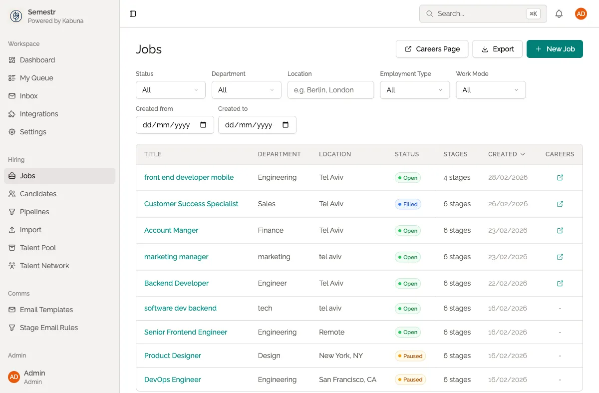 Jobs page with filter bar