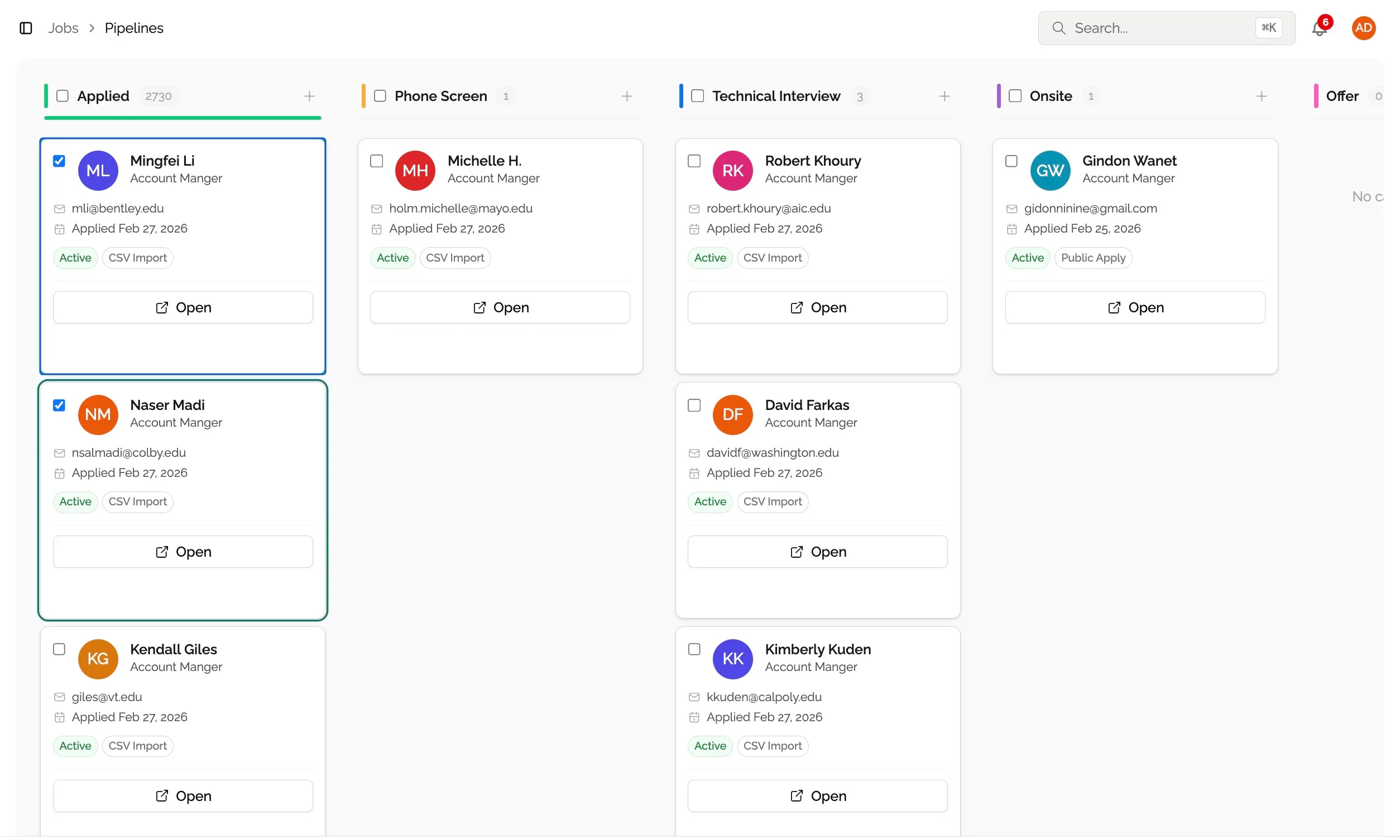 Multiple candidates selected in the pipeline list view