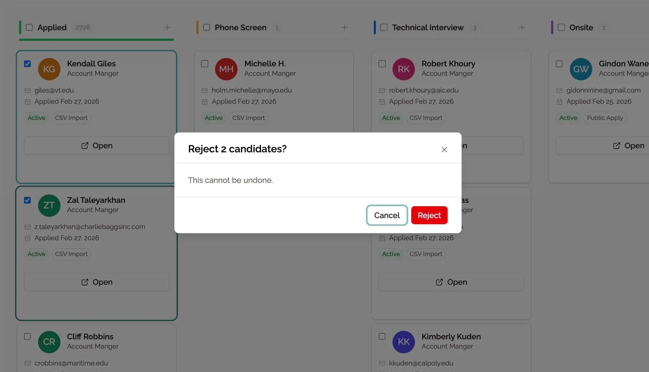 Reject confirmation dialog