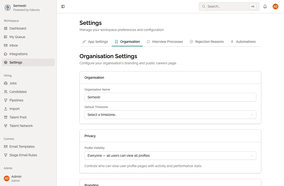 Organisation settings
